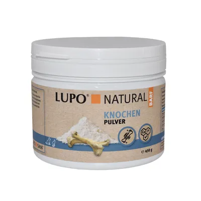 LUPO Natural BARF benpulver, 450g burk. Innehåller symboler för kalcium och fosfor samt en illustration av ben och pulver.