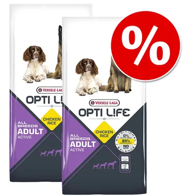 To sække Versele-Laga Opti Life All Breeds Adult Active hundefoder, Chicken Rice. Stor rød procent-tegn cirkel for tilbud. Tekst: 85 % animalsk protein af total, NO gluten.