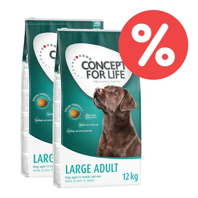 Concept for Life Large Adult Hundefutter, 12 kg, für Hunde ab dem 15. Monat. Mit spezieller Formel für gesundes Gewicht, glänzendes Fell und Gelenkschutz. Prozentzeichen für Rabattaktion.