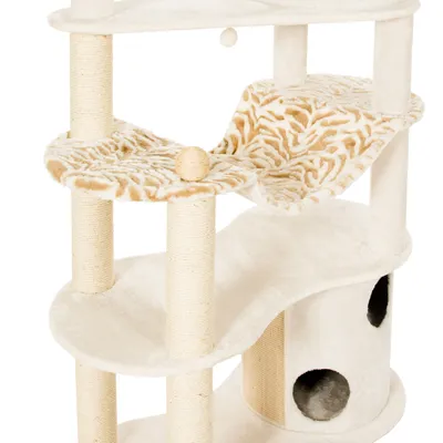 Krabpaal met sisalpalen, twee ligplateaus met beige-wit dierenprint, speelbal en ronde schuilplek met twee openingen. Bekleding van stof, palen omwikkeld met sisal.