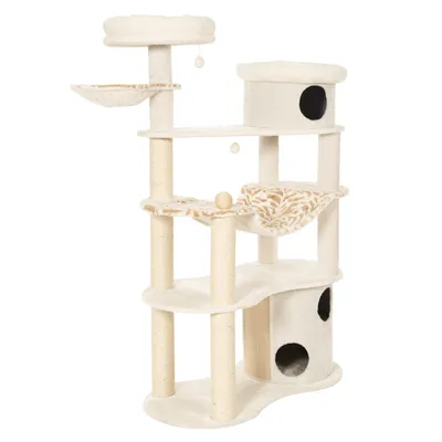 Krabpaal met meerdere niveaus, sisalpalen, hangmatten, speelballen en twee ronde schuilhuisjes. Bekleding in beige pluche, zichtbaar patroon op ligvlak.