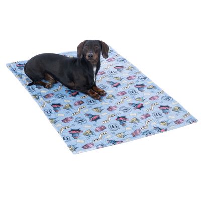 Pes leží na modré dece s barevným cestovním motivem, včetně kufru, letadla a pohlednic.