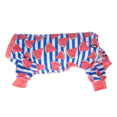 Hundebekleidung mit Wassermelonenmuster und blauen Streifen, rot-rosa Bündchen. Sichtbares Logo: FZY.