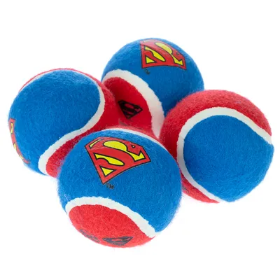 Štiri teniške žogice v modri in rdeči barvi s Superman-logotipom, primerne za igro.