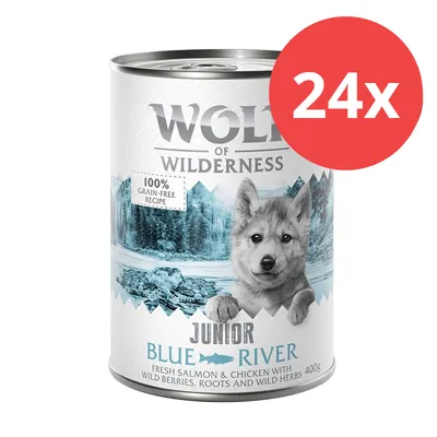 Wolf of Wilderness Junior Blue River, 100% grain-free Rezept, frischer Lachs & Huhn mit Wildbeeren, Wurzeln und Wildkräutern, 400g, Packung mit 24 Dosen.
