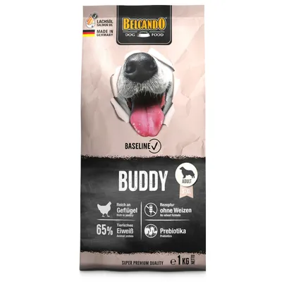 Belcando Dog Food Buddy Adult S-XL, rijk aan gevogelte, recept zonder tarwe, 65% dierlijk eiwit, prebiotica, zalmolie, Made in Germany, super premium kwaliteit, 1 kg netto.
