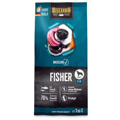 Belcando Dog Food Fisher Adult S-XL, mit Fisch, Rezeptur ohne Weizen, 70% tierisches Eiweiss, ProAgil, Lachsöl, Made in Germany, Super Premium Qualität, 1 kg Netto.