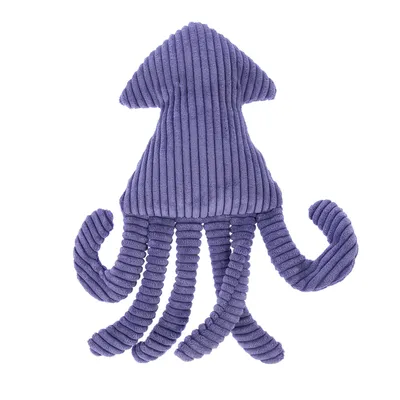 Purple plush toy in the shape of an octopus with ribbed fabric and eight arms.