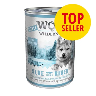 Little Wolf of Wilderness 100% Grain-Free Blue River Junior dåse 400 g, TOP SELLER-mærke synligt på emballagen. Kylling & laks med skovbær, rødder og vilde urter.