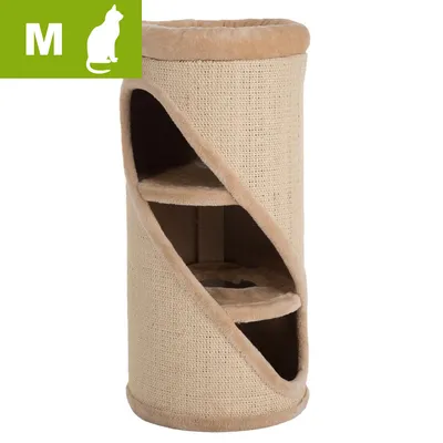 Kradsetønde i beige stof med tre åbninger og to indvendige liggeflader, størrelse M vist med hvid katteikon og bogstavet M øverst til venstre.