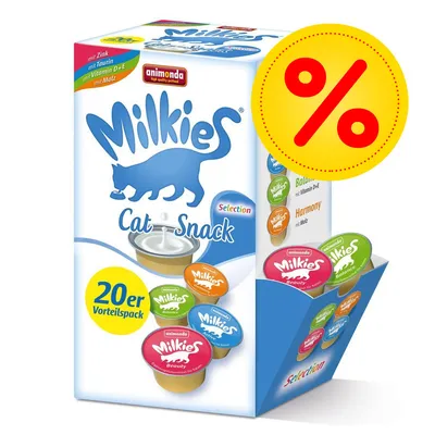 Animonda Milkies Cat Snack Selection 20er Vorteilspack, synlig rabattmärke med procenttecken. Smaker: Balance, Harmony, Beauty. Text: mit Zink, Taurin, Vitamin D+E, Malz.