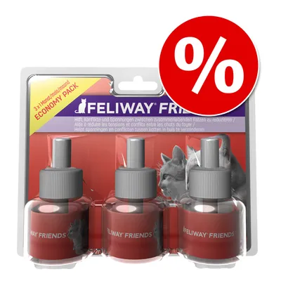 Pack de 3 recargas Feliway Friends, embalagem com texto 'ECONOMY PACK' e símbolo de desconto (%). Nome da marca e produto visíveis na frente.