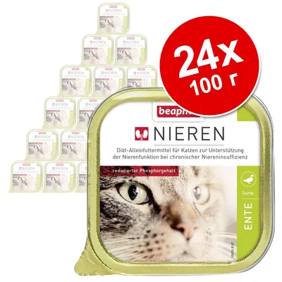 beaphar Nieren диетична храна за котки, 24×100 г, патешко. Видим текст на немски: Diät-Alleinfuttermittel für Katzen zur Unterstützung der Nierenfunktion bei chronischer Niereninsuffizienz.