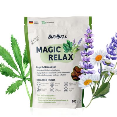 BugBell Magic Relax cibo secco per cani, 800g. Prodotto in Germania, sostenibile, con spinaci e erbe come lavanda per rilassare nervi e muscoli. Senza zucchero, glutine o coloranti.