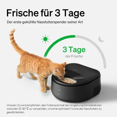 Distributeur de nourriture humide réfrigéré pour chat, texte en allemand : « Frische für 3 Tage », « 3 Tage der Frische ». Chat roux mangeant dans le distributeur noir.