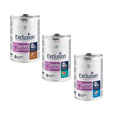 Confezione da 6 lattine Exclusion Hypoallergenic Monoprotein Veterinary Diet Formula, visibile testo: venison & potato, all breeds adult, mono protein, per cani adulti.