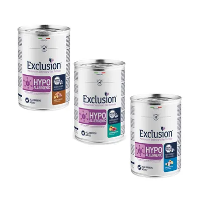 Exclusion Diet Hypoallergenic 24 x 400 g - Mix 1 (3 gusti): Coniglio + Cervo + Pesce Exclusion Diet Hypoallergenic 24 x 400 g - Mix 1 (3 gusti): Coniglio + Cervo + Pesce