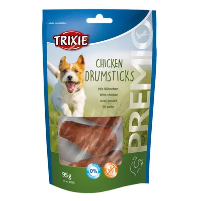 Emballage Trixie Chicken Drumsticks 95 g, friandises visibles, texte : Avec poulet, 0 % sucres ajoutés, sans gluten, PREMIO. Texte multilingue sur l’emballage. Emballage Trixie Chicken Drumsticks 95 g, friandises visibles, texte : Avec poulet, 0 % sucres ajoutés, sans gluten, PREMIO. Texte multilingue sur l’emballage.