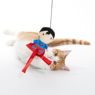 Toy with Superman design on string, red ribbon. Cat is playing with it.