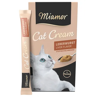 Miamor Cat Cream okus jeter, spodbuja presnovo, s timijanom. Paket vsebuje 6x15g porcijskih palčk.