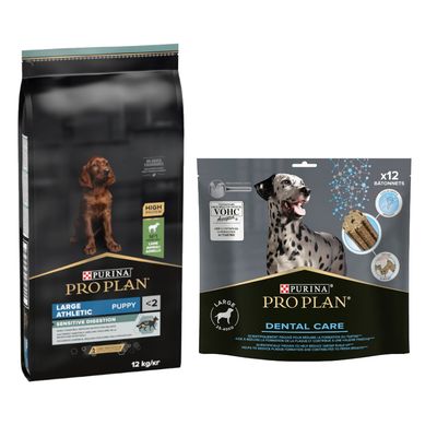 PURINA PRO PLAN 12 / 14 kg + friandises Dental Care 345 g ou 426 g offertes ! Large Athletic Puppy Sensitive Digestion agneau (12 kg) + Dental Care pour grand chien (25-40 kg)(426 g)