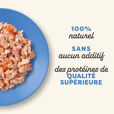 100 % naturel, sans additifs, protéines de haute qualité. L'image montre des morceaux de viande hachée sur une assiette bleue.