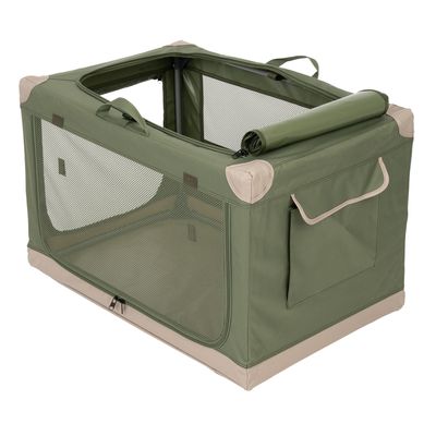 Groene transportbox met netramen, draaggrepen en opgerolde ingang. Zijvak voor accessoires. Rechthoekige vorm, stevig frame.