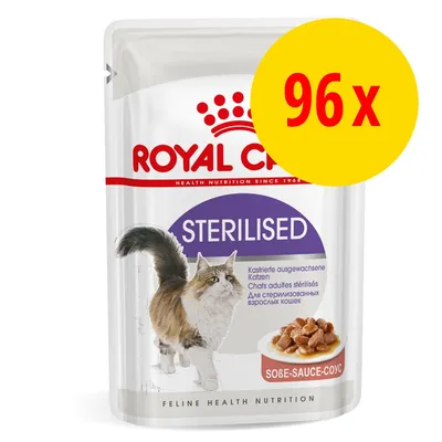 Royal Canin Sterilised Nassfutter für kastrierte ausgewachsene Katzen, 96 x Portionsbeutel in Sosse.