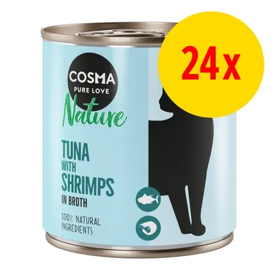 COSMA Pure Love Nature TUNA WITH SHRIMPS IN BROTH, 100% NATURAL INGREDIENTS, dåse med sort kattefigur og gul cirkel med rød tekst '24x' på forsiden.