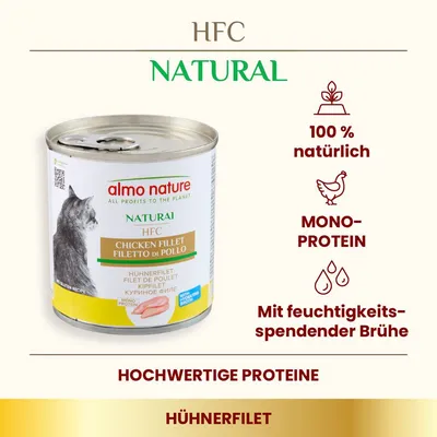 Almo Nature HFC Natural Hühnchenfilet in feuchtigkeitsspendender Brühe, 100% natürlich, Monoprotein, hochwertige Proteine. Für Katzen geeignet.