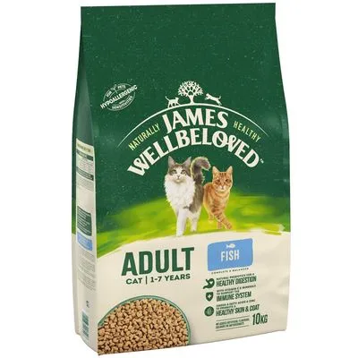 James Wellbeloved Adult Cat 1–7 Years Fish, 10 kg zak kattenvoer. Tekst: hypoallergeen, gezonde spijsvertering, immuunsysteem, gezonde huid & vacht. Afbeelding van twee katten.