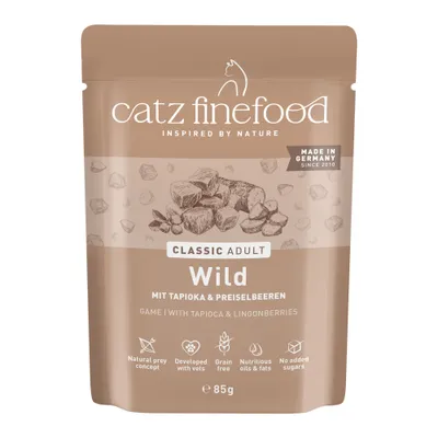 catz finefood Classic Adult Riista tapiokan ja karpaloiden kanssa, Valmistettu Saksassa, 85 g, viljaton, ilman lisättyä sokeria, kehitetty yhdessä eläinlääkärien kanssa, luonnollisia öljyjä ja rasvoja