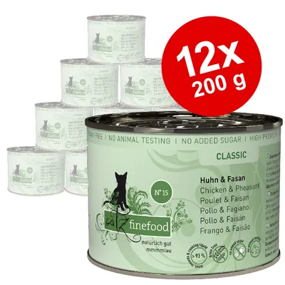 Catz Finefood Classic No. 15, chicken & pheasant, 12x200g cans. Grain-free, no animal testing, no added sugar, high meat content, naturally good.