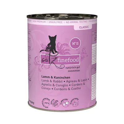 Boîte Catz finefood Classic N°11 Agneau & Lapin, sans céréales, sans tests sur animaux, sans sucre ajouté, 93 % viande et bouillon, texte en plusieurs langues.