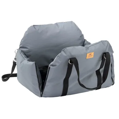 Borsa da trasporto grigia con manici neri e cerniera, adatta per pet. Interno imbottito, materiale esterno resistente.