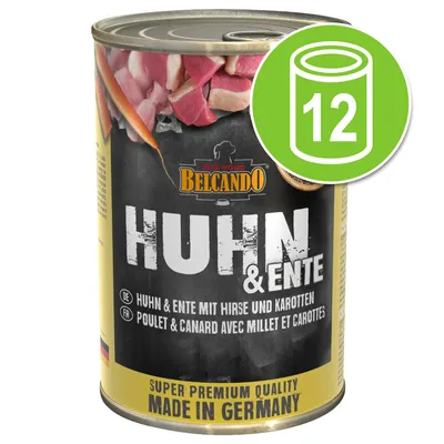 Belcando Huhn & Ente hondenvoer, kip en eend met gierst en wortelen. Super premium kwaliteit. Made in Germany. Afbeelding toont 12 blikken.