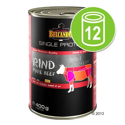 Belcando Dog Food Single Protein Rind Pure Beef, blik 400 g. Afbeelding toont verpakking met koe en tekst 'Single Protein'. Groen pictogram met 12 blikken.