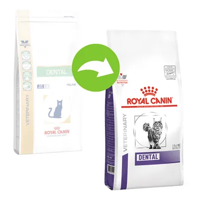 Royal Canin Veterinary Dental -kissanruokapakkauksen ulkoasu muuttuu, uusi ja vanha pakkaus vierekkäin, vihreä nuoli osoittaa muutosta