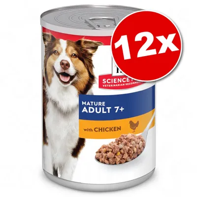 Hill's Science Plan консервирана храна за кучета Mature Adult 7+ with Chicken, изображение на куче и купа с храна, надпис 12x в червен кръг