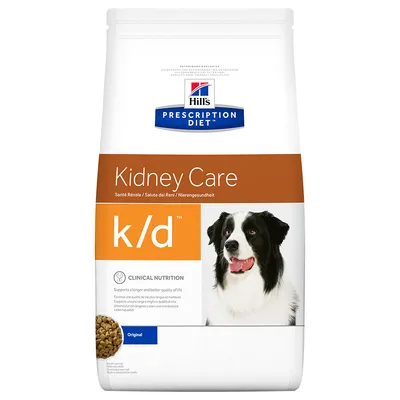Hill's Prescription Diet Kidney Care k/d Original torrfoder för hund, bild på svartvit hund och synlig text om klinisk nutrition på förpackningen.