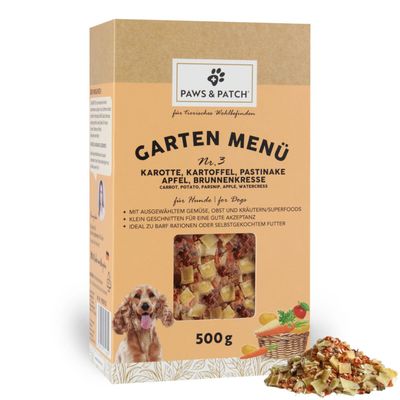 PAWS PATCH trädgårdsmeny för hundar Nr 3: Morot, potatis, palsternacka, äpple, vattenkrasse (500 g)