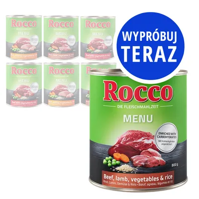 Rocco MENU, puszka 800 g, Beef, lamb, vegetables & rice. Napis na niebieskim kole: WYPRÓBUJ TERAZ.