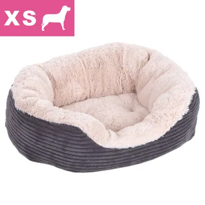 Hundeseng i XS-størrelse, synlig tekst 'XS' med hundesilhuet. Seng i lysebrun plys og mørkegrå ribbet stofkant.