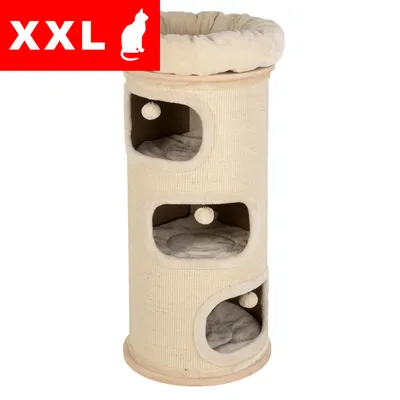 Drapak dla kota XXL, beżowy, trzy poziomy z otworami i pluszowymi poduszkami, na każdym poziomie zawieszona piłka do zabawy. Materiał: tkanina.