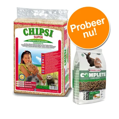 CHIPSI Super kwaliteits-heimtierstreu 3,4 kg verpakking en Versele-Laga Complete Cuni Adult konijnenvoerzak. Oranje cirkel met tekst: Probeer nu!