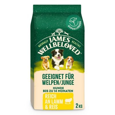 James Wellbeloved hondenvoer, hypoallergeen, geschikt für Welpen/Junge bis zu 14 Monaten, reich an Lamm & Reis, 2 kg. Tekst deels in het Duits.