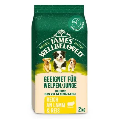 James Wellbeloved hondenvoer, hypoallergeen, geschikt für Welpen/Junge bis zu 14 Monaten, reich an Lamm & Reis, 2 kg. Tekst deels in het Duits.