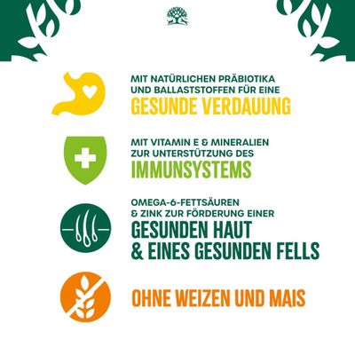 Mit natürlichen Präbiotika und Ballaststoffen für gesunde Verdauung, Vitamin E & Mineralien für Immunsystem, Omega-6-Fettsäuren & Zink für Haut und Fell, ohne Weizen und Mais.