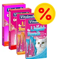 Vitakraft Cat Liquid-Snack, 6x portionspåsar per förpackning, synlig text: 'mit Lachs', 'OMEGA 3', stor gul rabatt-symbol med procenttecken