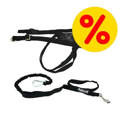 Sele och koppel i svart tyg, varumärket Neewa synligt på kopplet. Gul cirkel med röd procent-symbol visar rabatt.